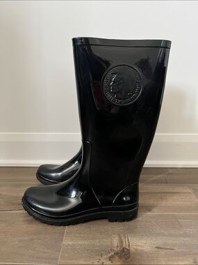 Diesel Glossy Black Tall Rain Boots with Medallion